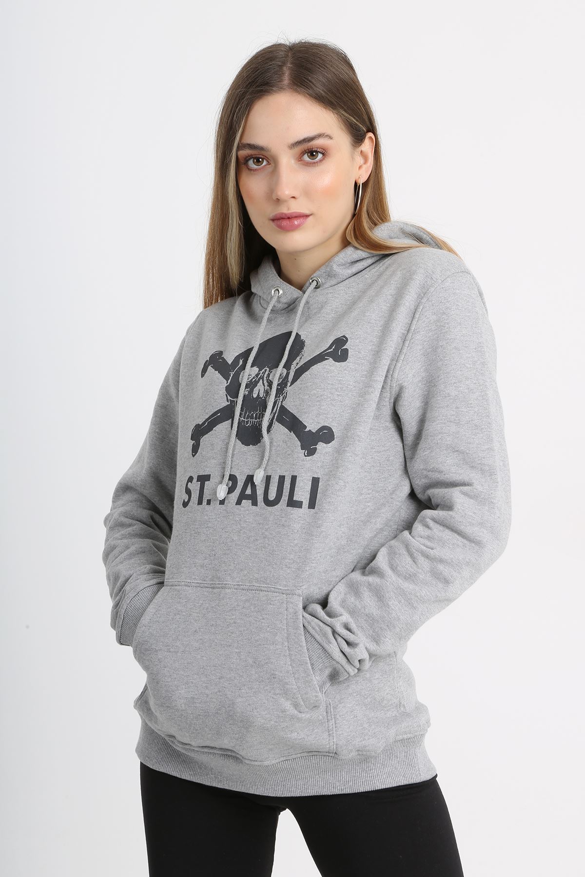 St. Pauli Gri Kapüşonlu Ekru Kuru Kafa Baskılı Örme Kadın Sweatshirt