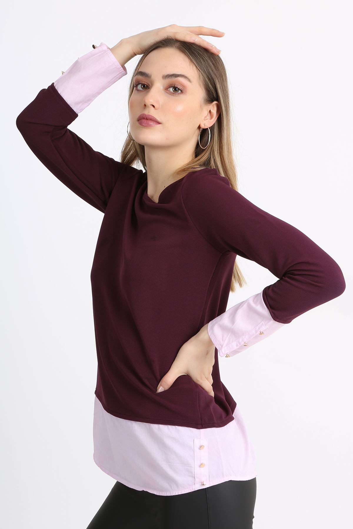 Sfera Bordo Kol ve Etek Ucu Gömlek Detaylı Kadın Bluz