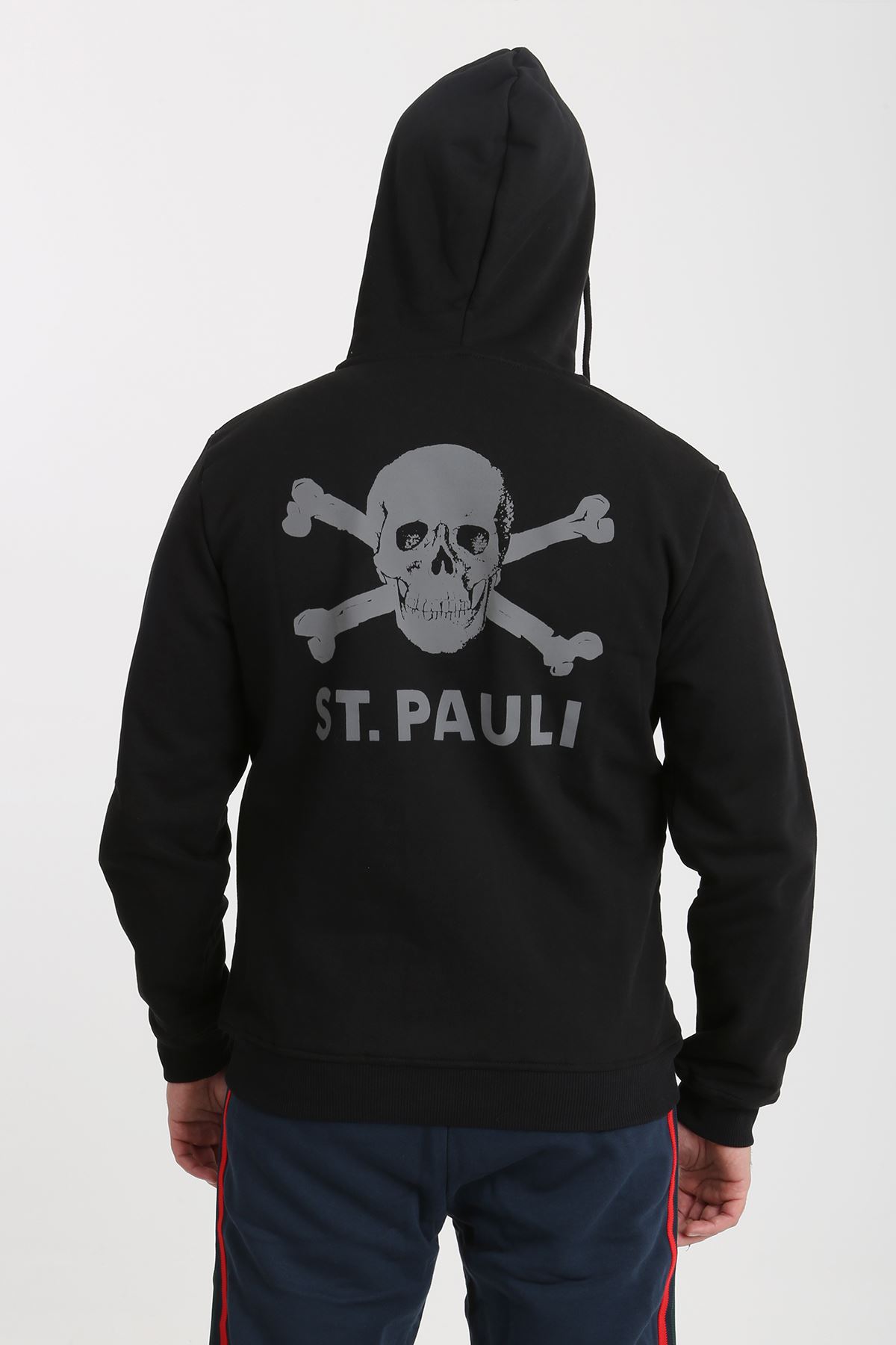 St. Pauli Siyah Kapüşonlu Kuru Kafa Baskılı Fermuarlı Erkek Sweatshirt