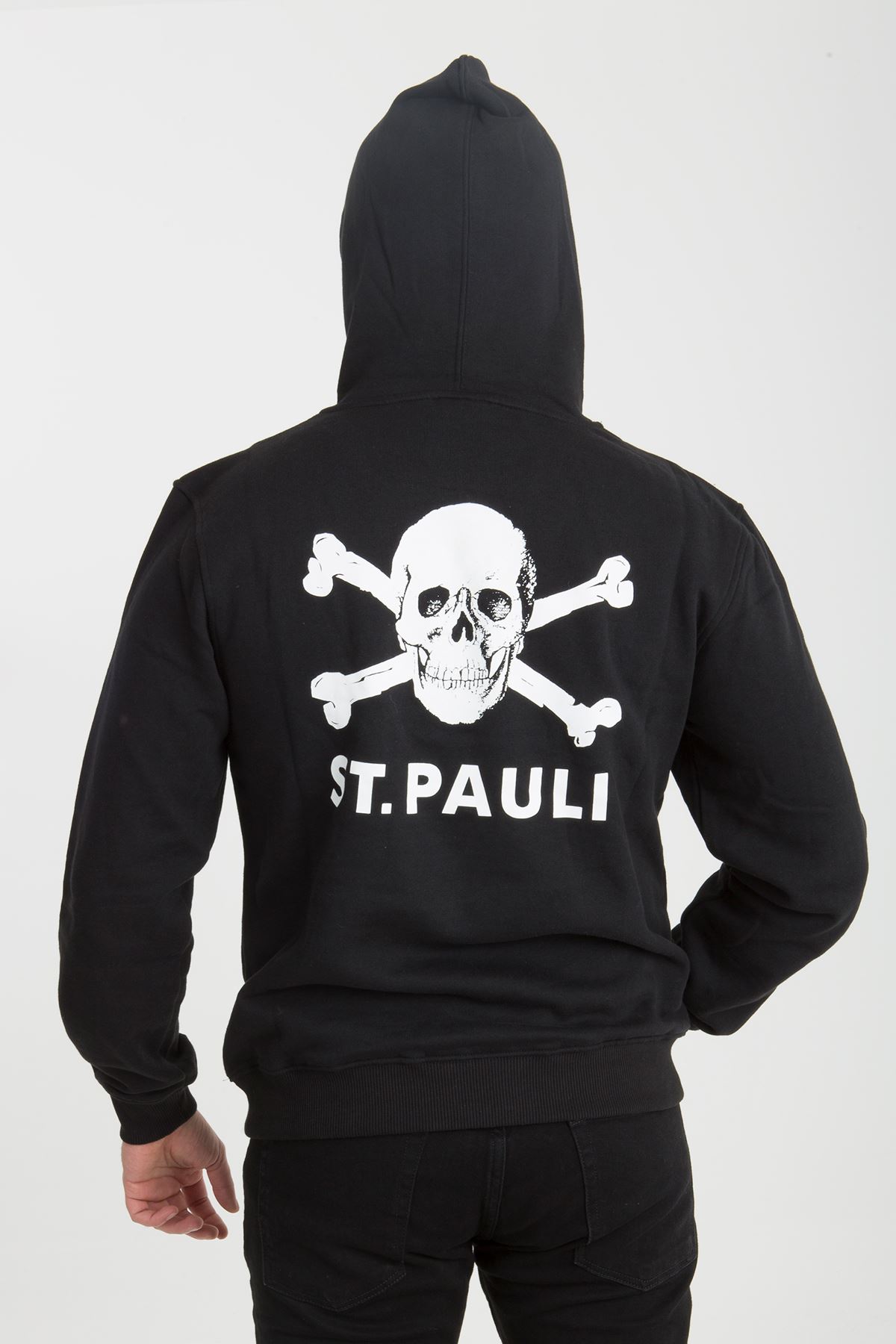 St. Pauli Siyah Kapüşonlu Ön Arka Kuru Kafa Baskılı Örme Erkek Sweatshirt