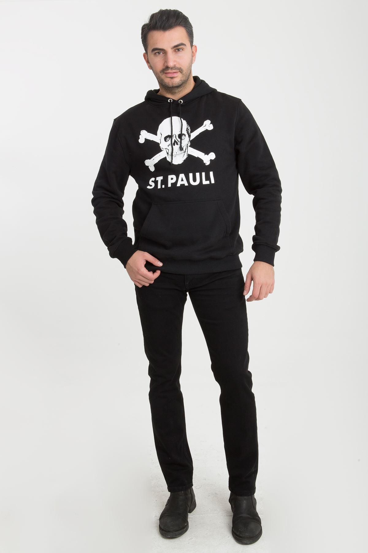 St. Pauli Siyah Kapüşonlu Ekru Kuru Kafa Baskılı Örme Erkek Sweatshirt