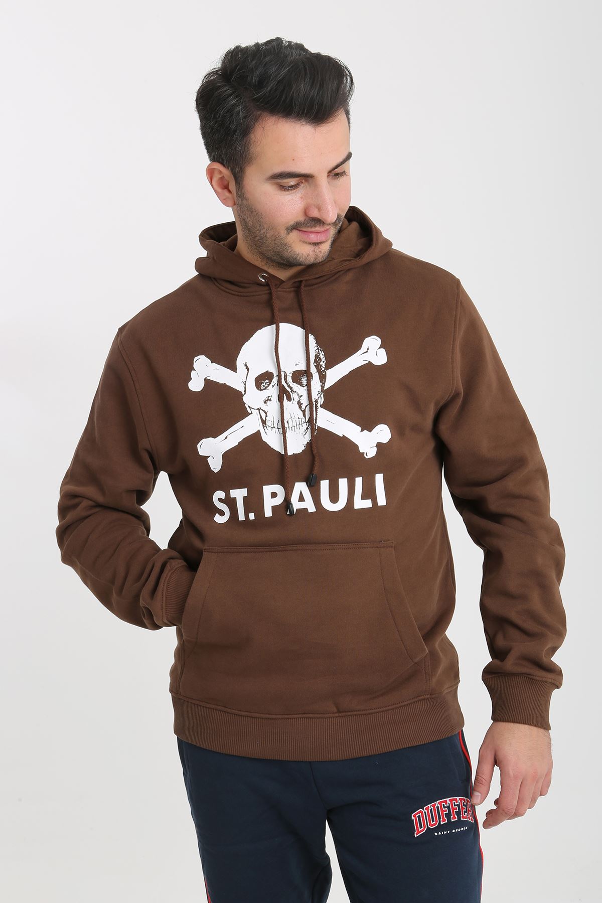 St. Pauli Kahverengi Kapüşonlu Kuru Kafa Baskılı Erkek Sweatshirt