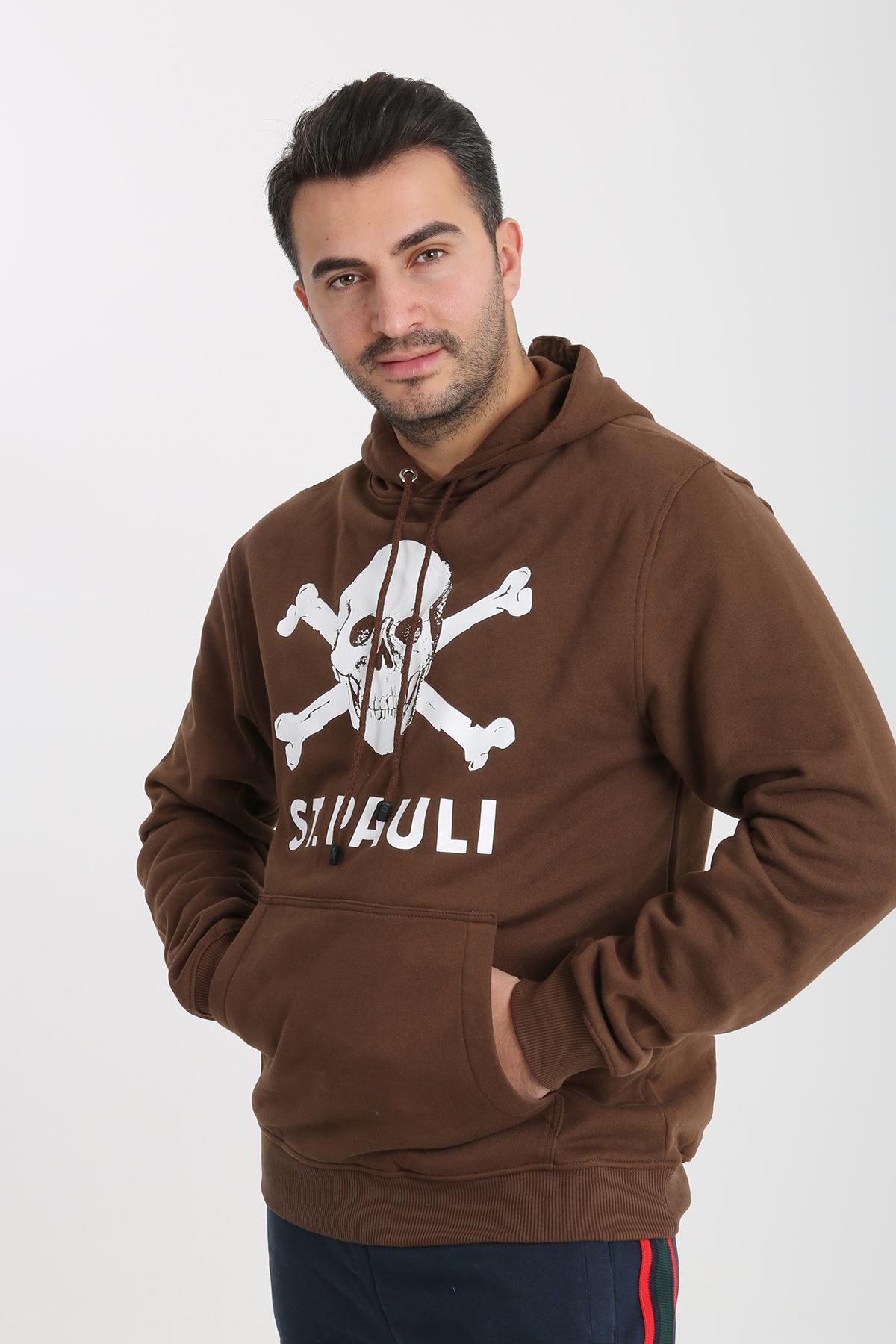 St. Pauli Kahverengi Kapüşonlu Kuru Kafa Baskılı Erkek Sweatshirt