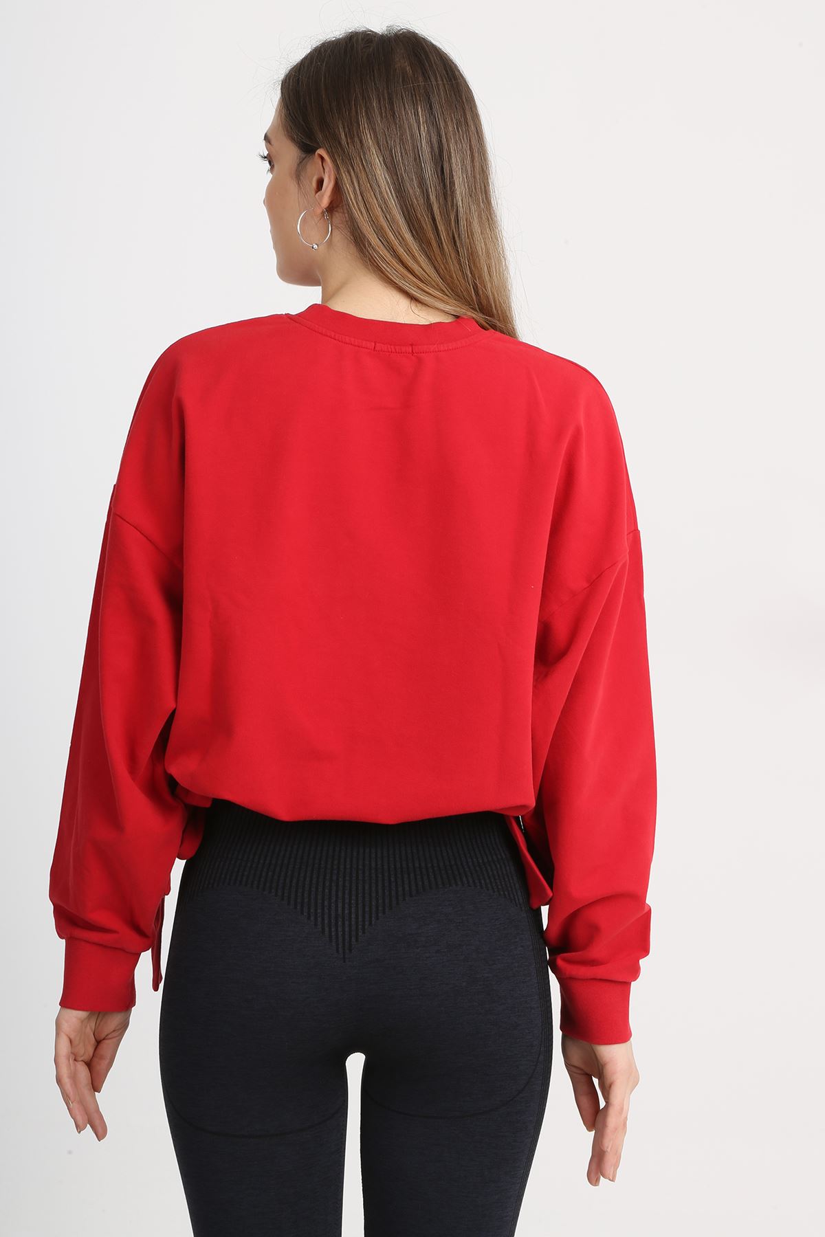 Baldwin Kırmızı Sıfır Yaka Belden Bağlamalı Crop Sweatshirt