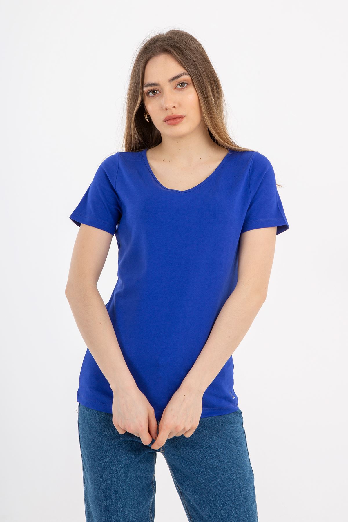 Laurel Mavi V Yaka Basic Kadın Tişört