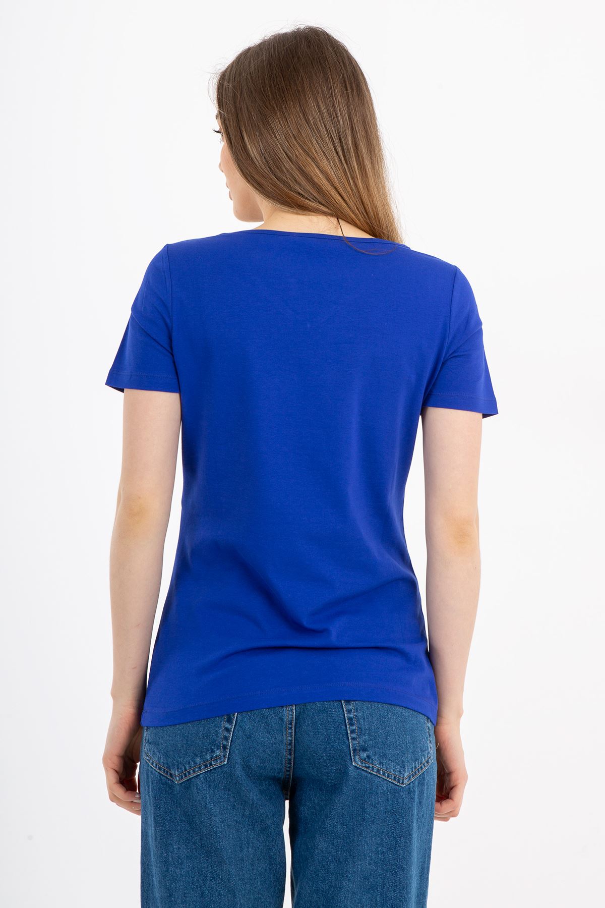 Laurel Mavi V Yaka Basic Kadın Tişört