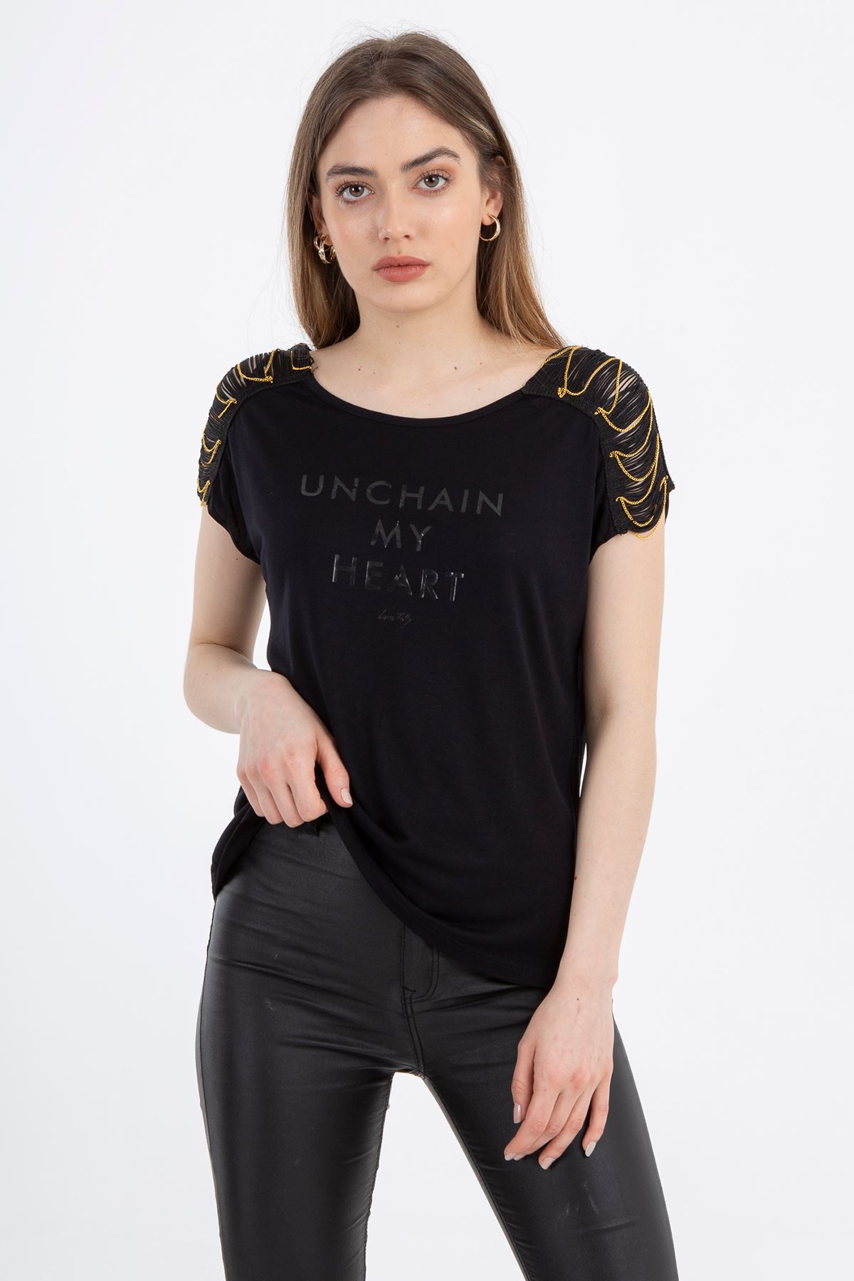 Tally Weijl Siyah Kolu Zincir Detaylı Kadın Tişört