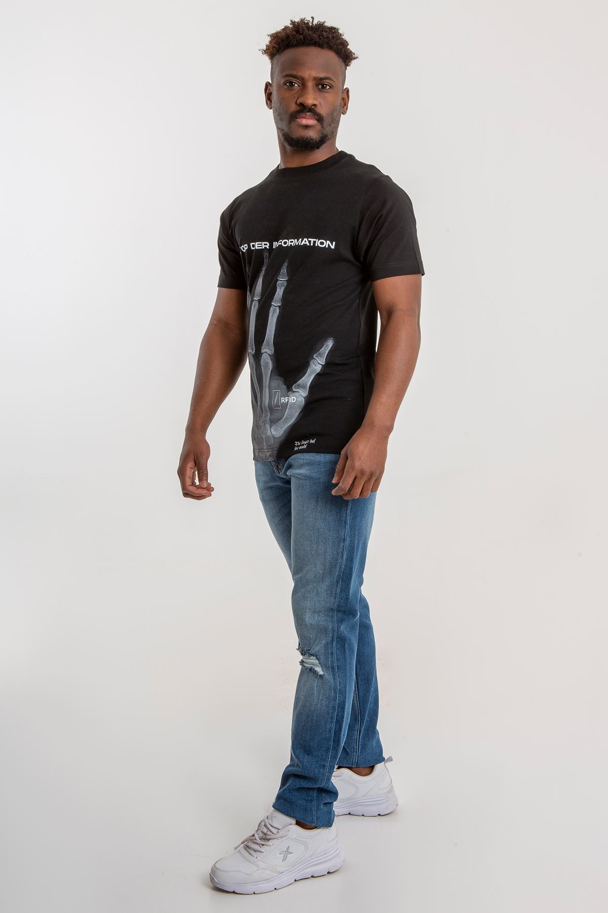 032c Siyah İskelet El Baskılı Oversize Erkek Tişört