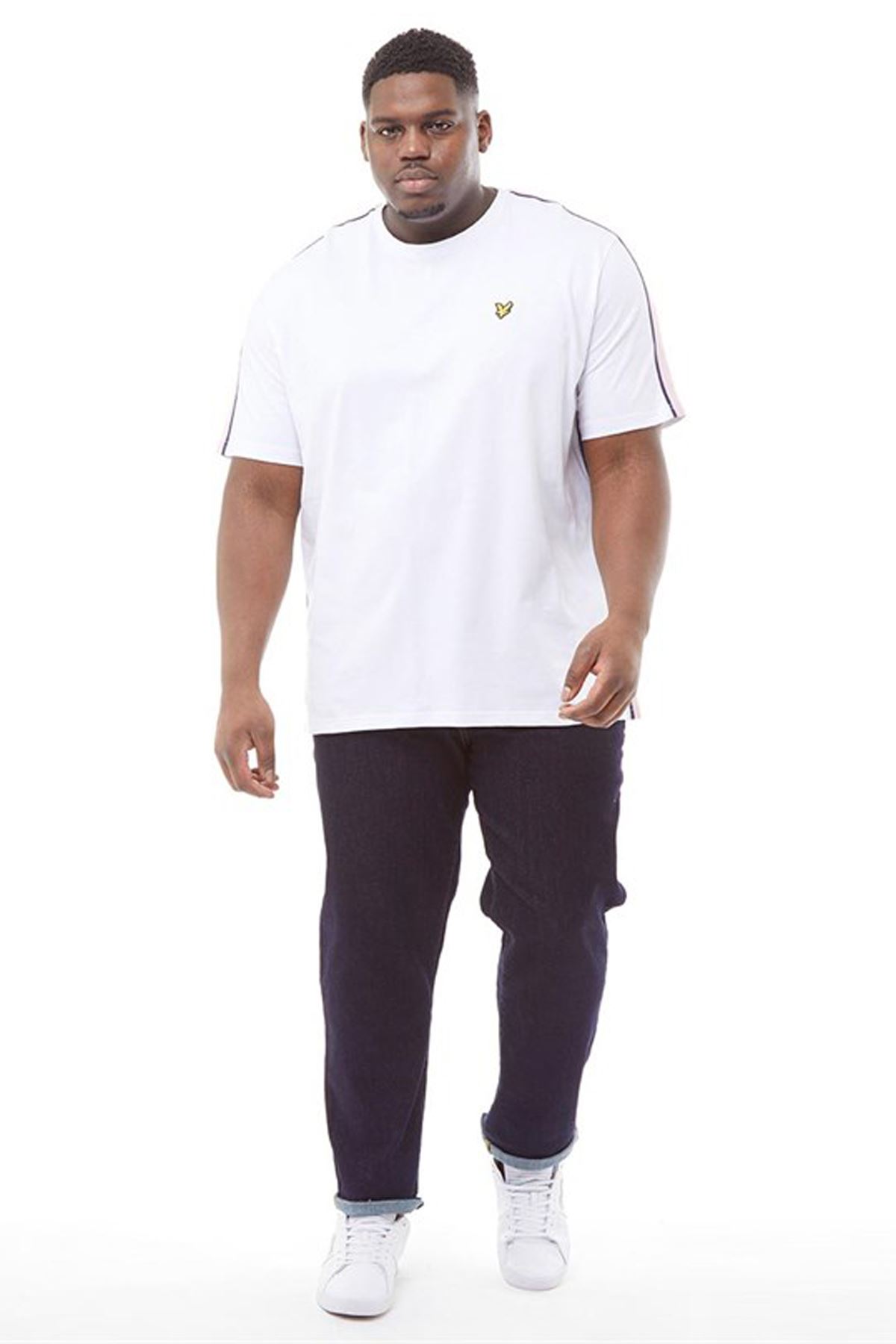 Enesil Beyaz Büyük Beden Yanı Renkli Şeritli Erkek Tişört 