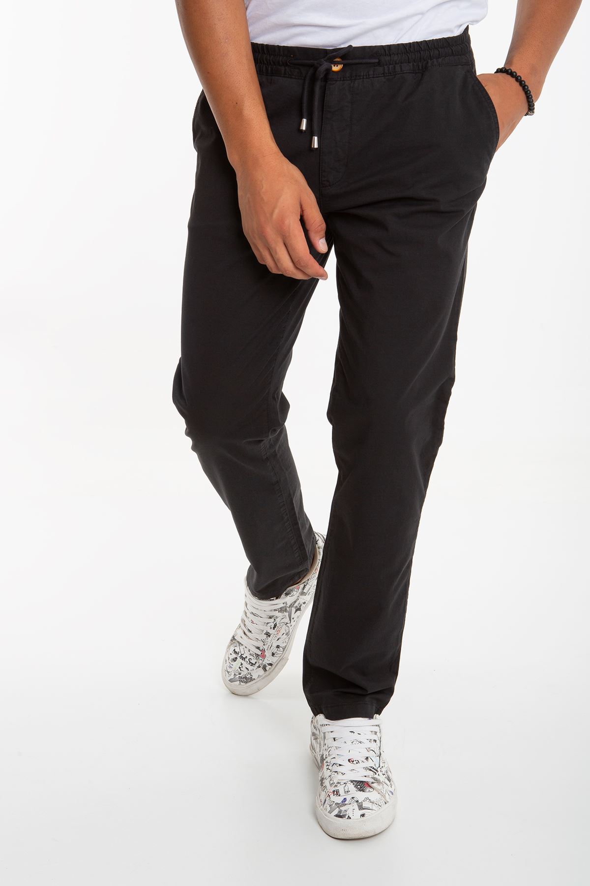 Fitz Roy Erkek Siyah Beli Lastikli İp Bağlamalı Modern Fit Pantolon Mirror 