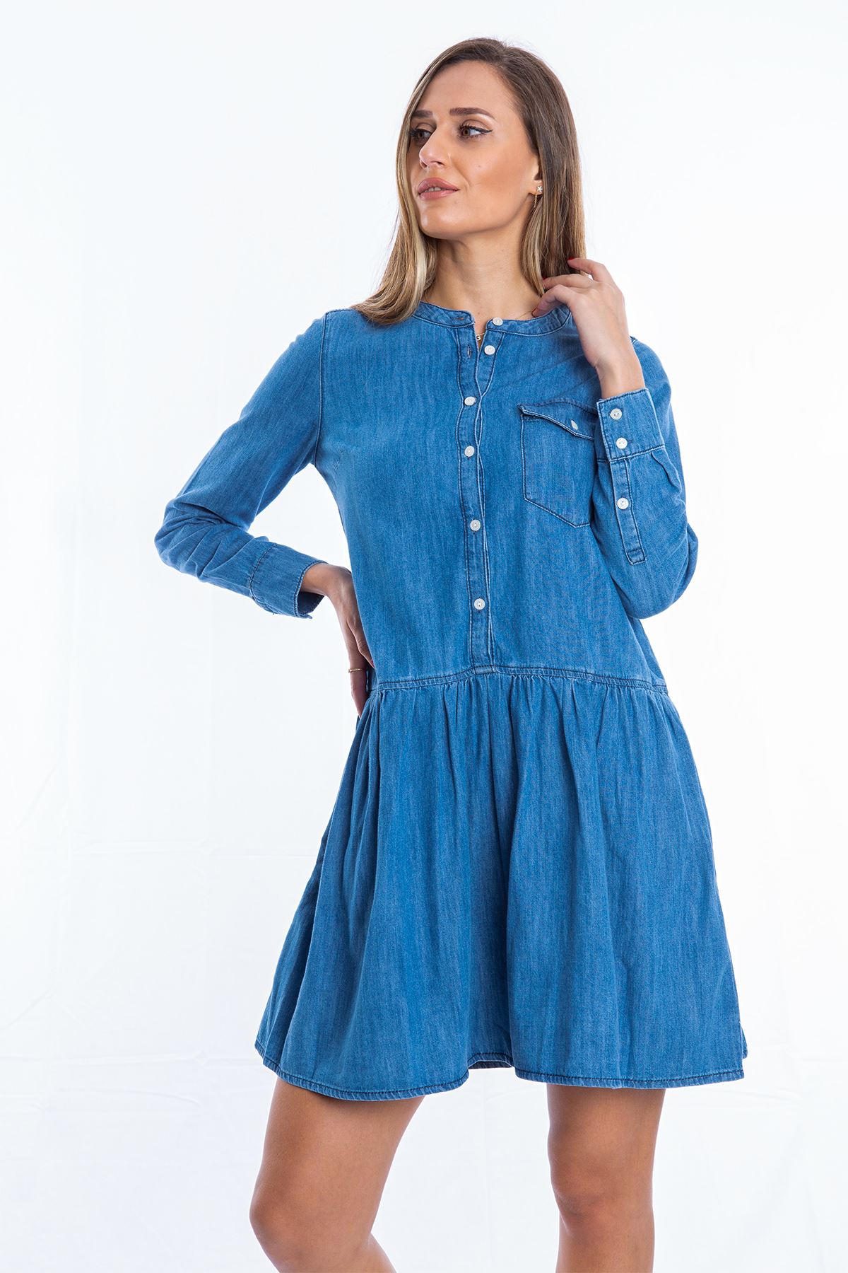 Part Two Mavi Önü Düğmeli Kadın Kot Elbise