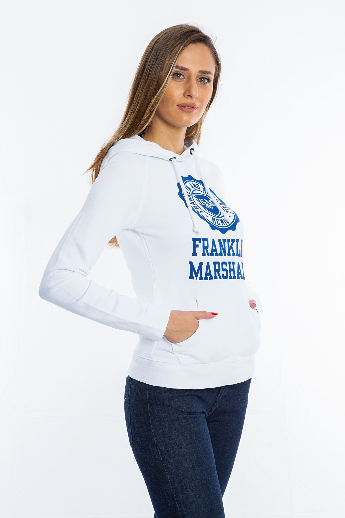 Franklin Marshall Beyaz Önü Cepli Kapüşonlu Kadın Sweatshirt