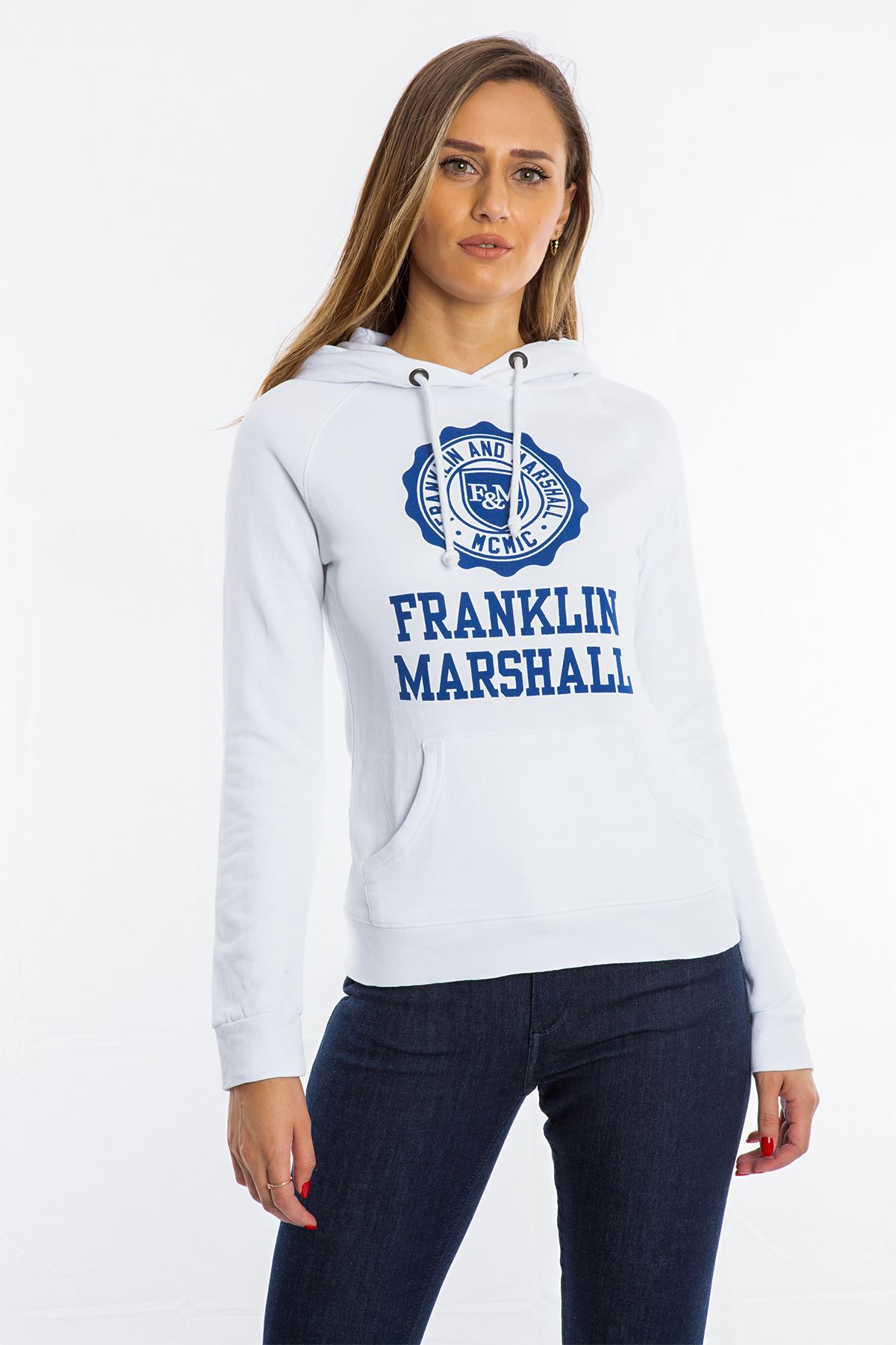 Franklin Marshall Beyaz Önü Cepli Kapüşonlu Kadın Sweatshirt
