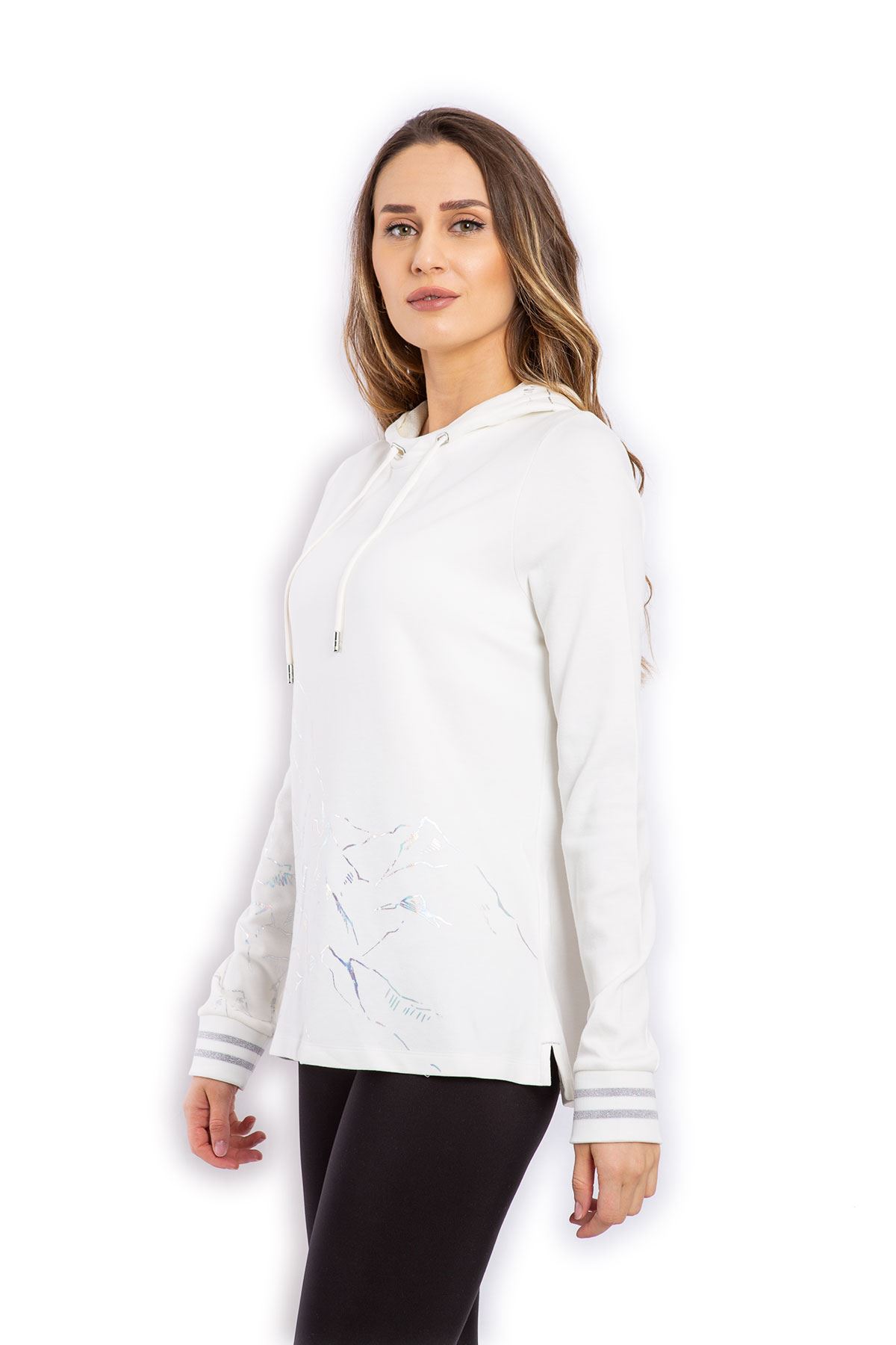 Kemik Beyaz File Kapüşonlu Bol Kesim Rahat Kalıp Gri Simli Baskı Detaylı Kadın Sweatshirt