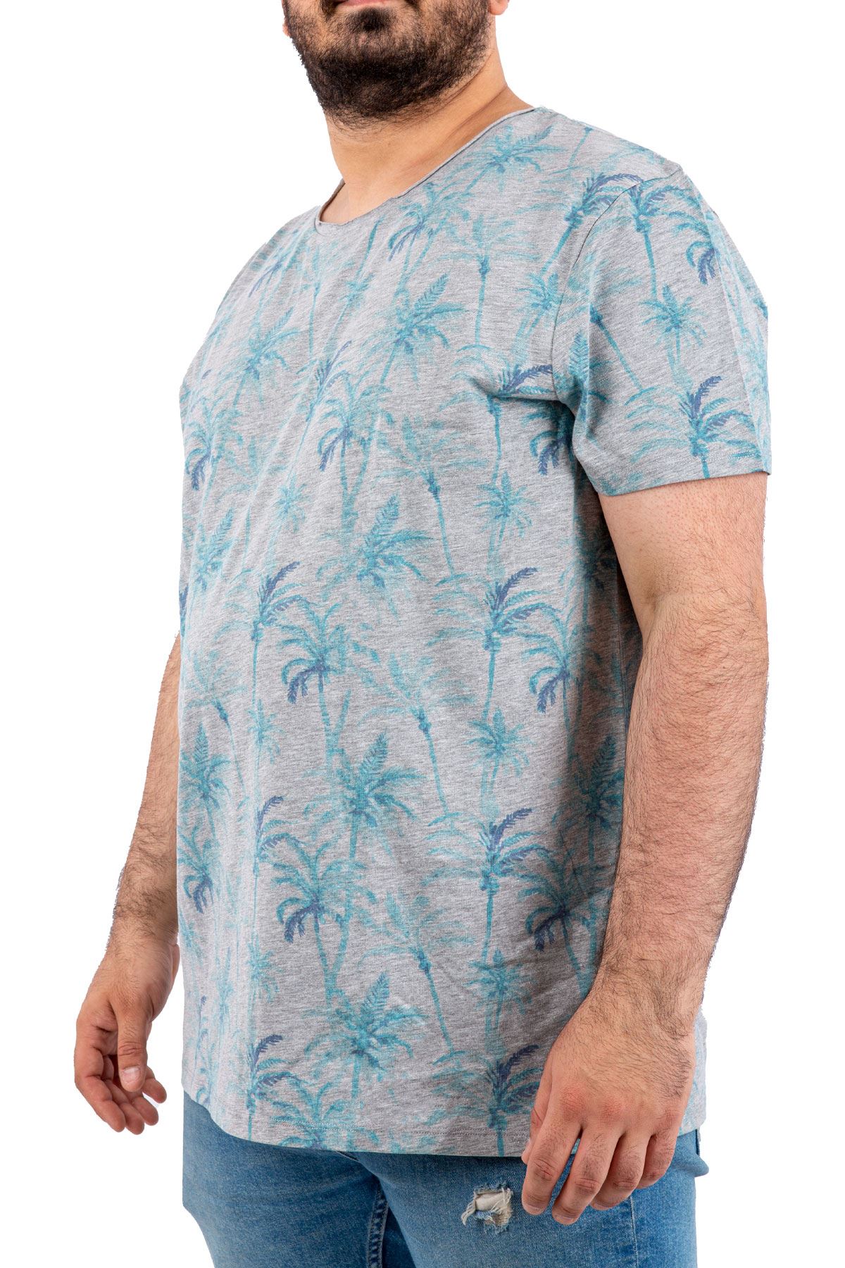 Büyük Beden Aralığı Palmiye Desenli Gri Bisiklet Yaka Erkek T-shirt