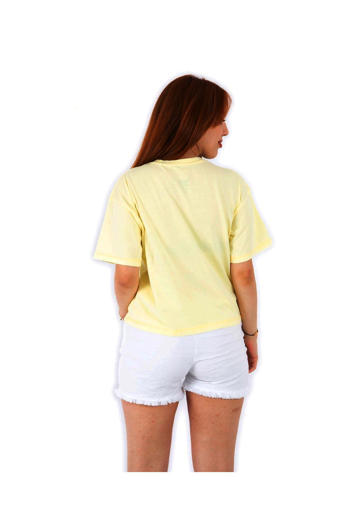 Limon Sarısı Pastel Renk Bisiklet Yaka Kadın T-shirt